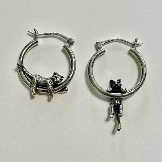 Resting Cat Silver Hoop Earrings