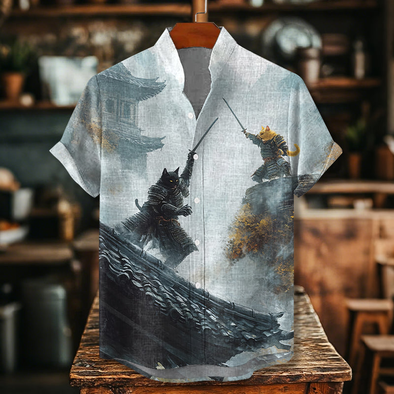 Men's Samurai Warrior Cat Japanese Art Print Short Sleeve Shirt elevenforest