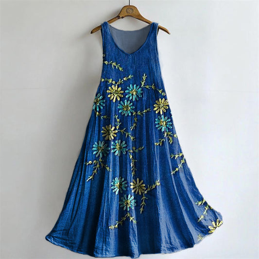 Women's Bohemian Floral Art Print Crew Neck Sleeveless Cotton Pocket D