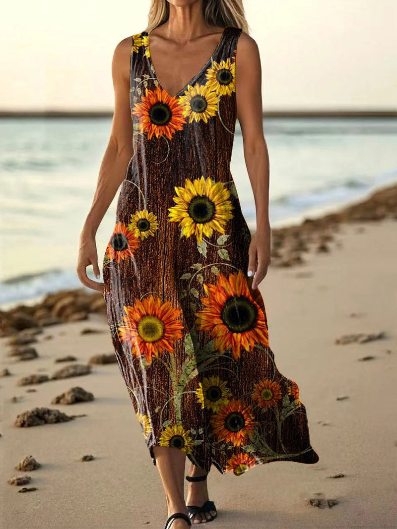 Women's Bohemian Floral Art Print Pocket Cotton Dress