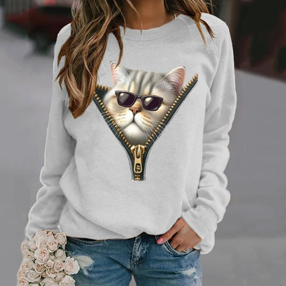 Women's Cute Cat Print Crew Neck Sweatshirt elevenforest