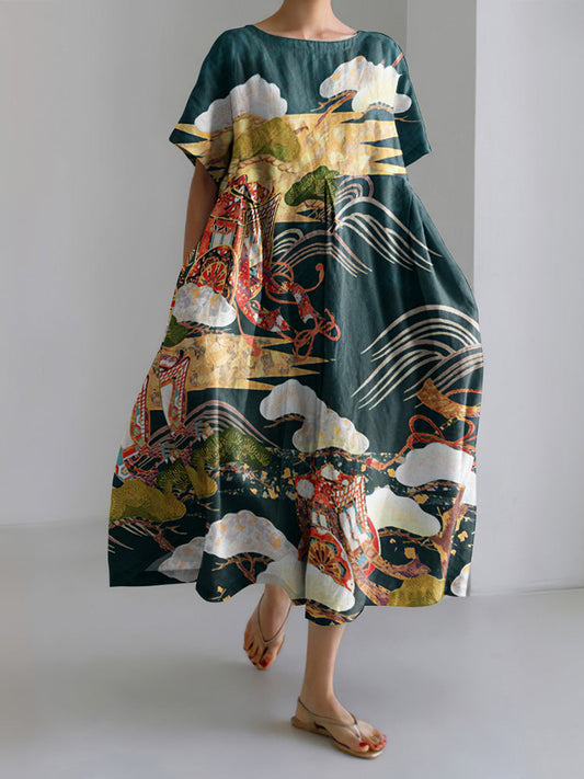 Japanese Art Print Short Sleeve Casual Midi Dress