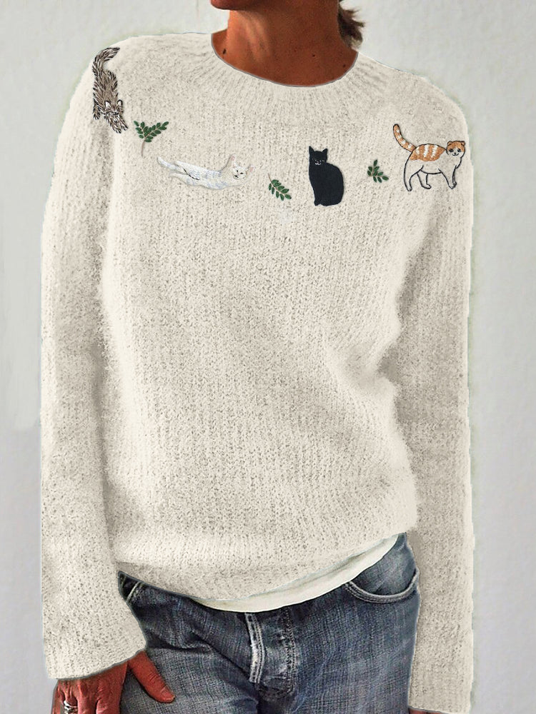 Cats & Leaves Yoke Embroidered Cozy Knit Sweater elevenforest