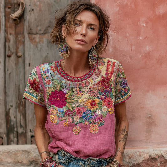 Women's Vintage Bohemian Floral Embroidery Art Round Neck Linen Blend Short Sleeve T-shirt artswardrobe