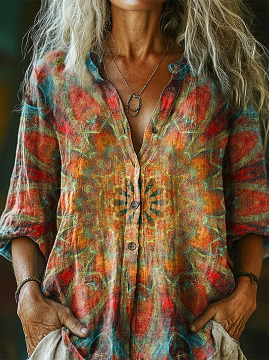 Women's Retro Mandala Art Print Linen And Cotton V-neck Casual Shirt