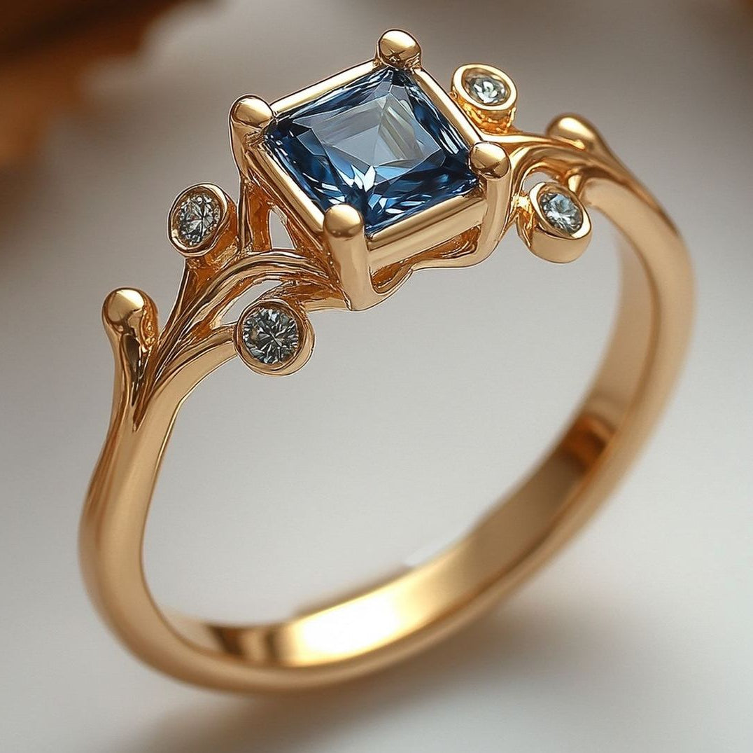 Inlaid Cubic Blue Glass Gold Ring