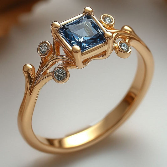 Inlaid Cubic Blue Glass Gold Ring