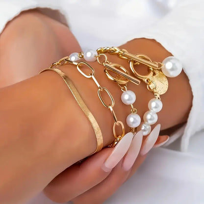Chic Gold 4-Piece Bracelet Set ��� Snake, Pearls & Links | Gold
