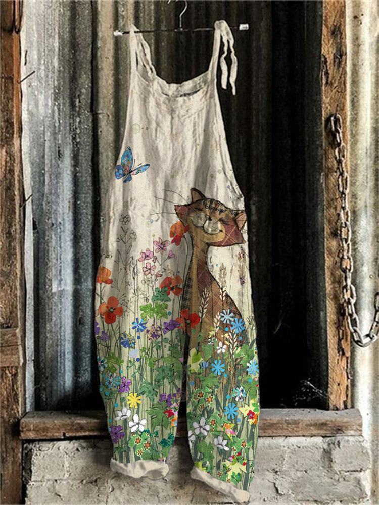 Country Cat & Butterfly Art Graphic Jumpsuit elevenforest