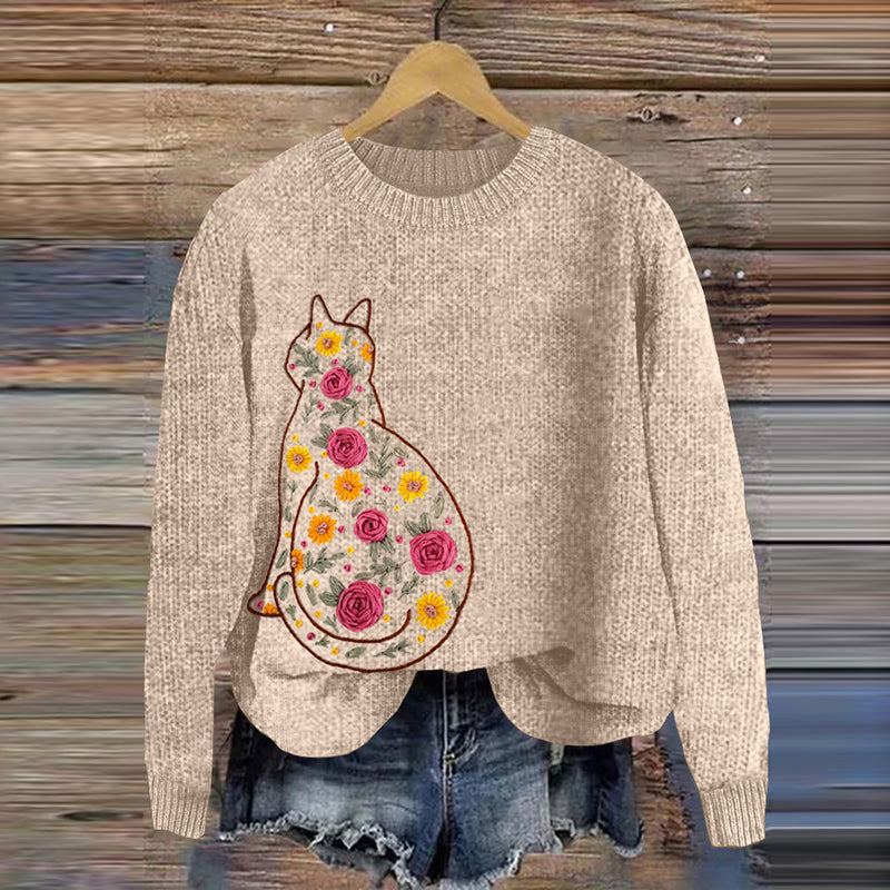 Women's Cat Floral Embroidery Knit Art Casual Sweater elevenforest