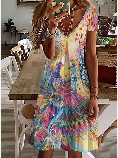 LD Women's Sundress Midi Dress Short Sleeve Floral Print Summer Casual V Neck Loose Dresses Plus Size 2024 Dameskleding Vestidos