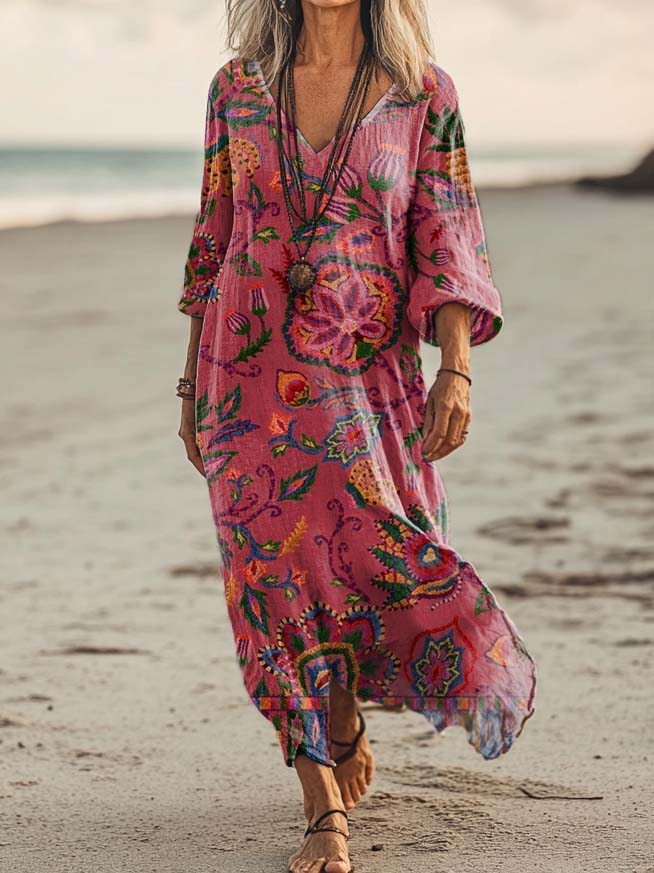 Women's Floral Print Art Print Pocket Cotton Dress