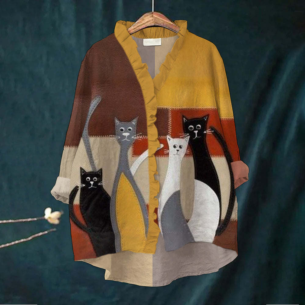 Elegant Cat Geometric Pattern Women's Ruffle Neck Trim Linen Shirt elevenforest