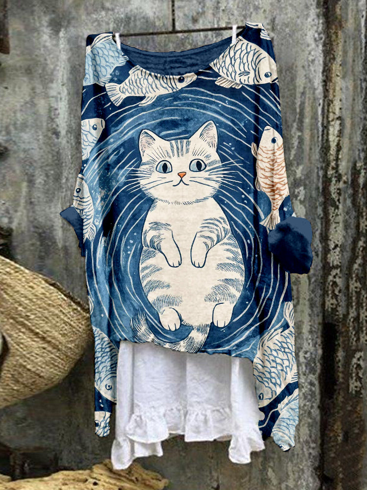 Lovely Cat & Fishes Pattern Linen Blend Flowy Tunic elevenforest
