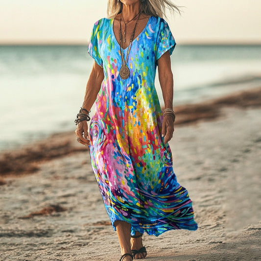 Women's Colorful Abstract Art Print V Neck Pocket Cotton Dress