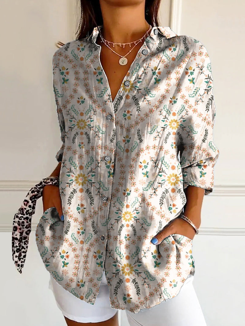 Women's Vintage Floral Art Print Casual Cotton Shirt