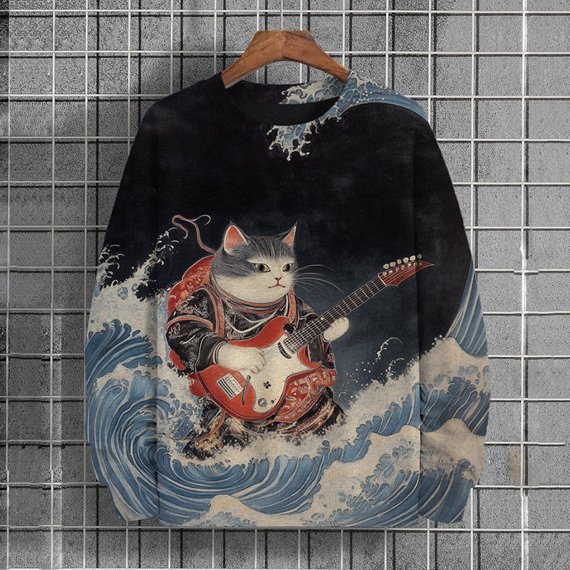 Men's Japanese Cat Playing Guitar In Rough Sea Waves Art Casual Sweatshirt elevenforest