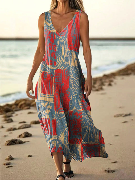 Women's Bohemian Ethnic Collage Art Pattern Print V-Neck Sleeveless Co