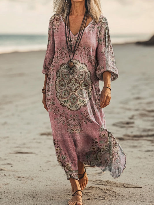 Women's Retro Totem Folk Flower Art Print Pocket Cotton Dress
