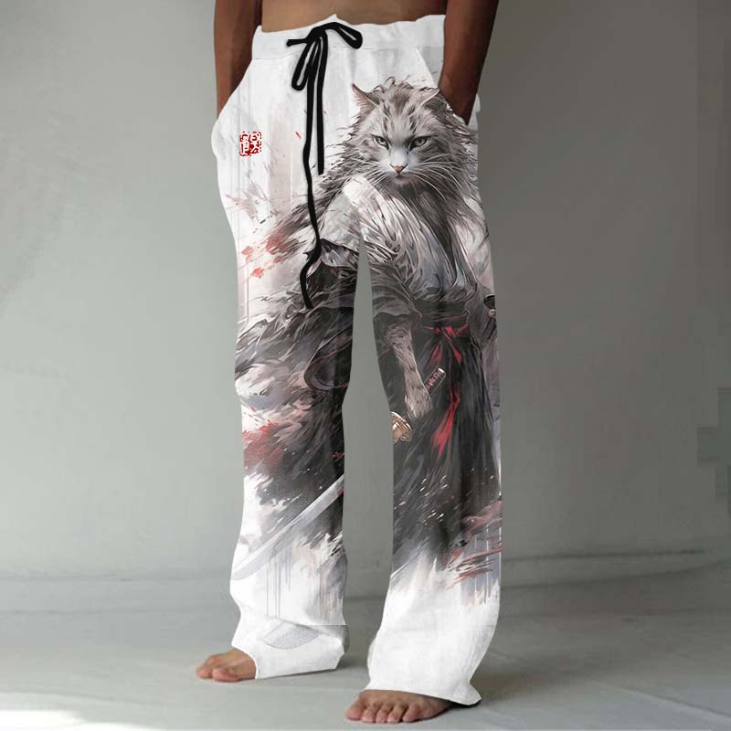 Vintage Japanese Kimono Samurai Cool Cat Ink Art Linen Blend Cozy Pants elevenforest