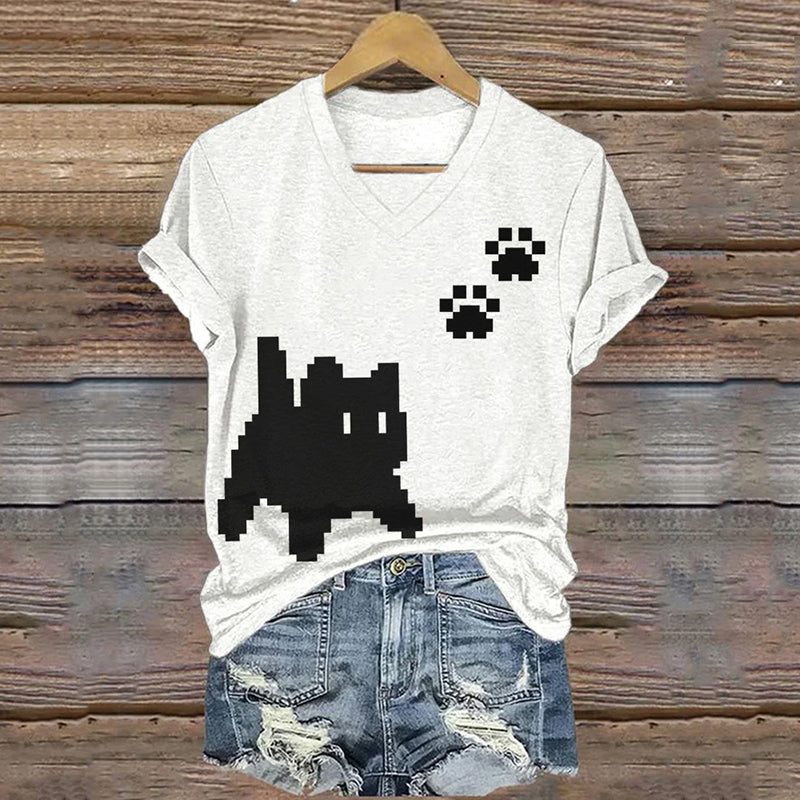Lovely Black Cat Paw Prints Pixel Art T Shirt elevenforest