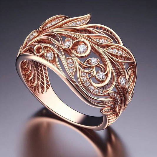 Exotic Feather Zirconia Gold Ring