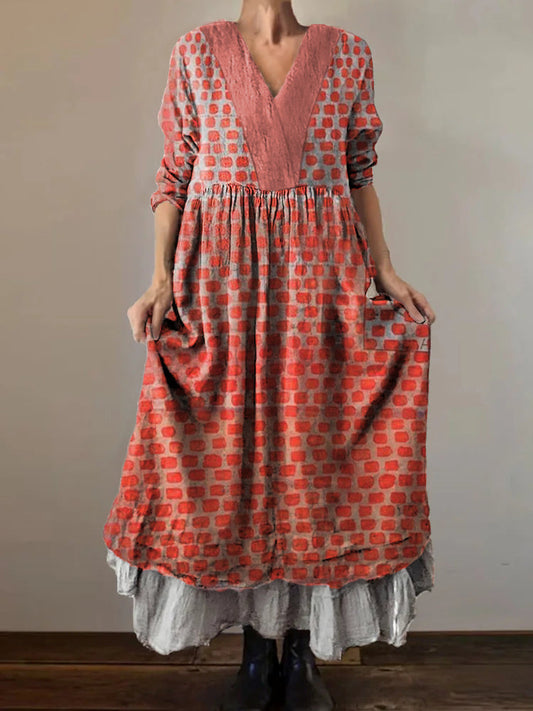 Women's Ethnic Geometric Art Pattern Print V-Neck Pocket Cotton Dress