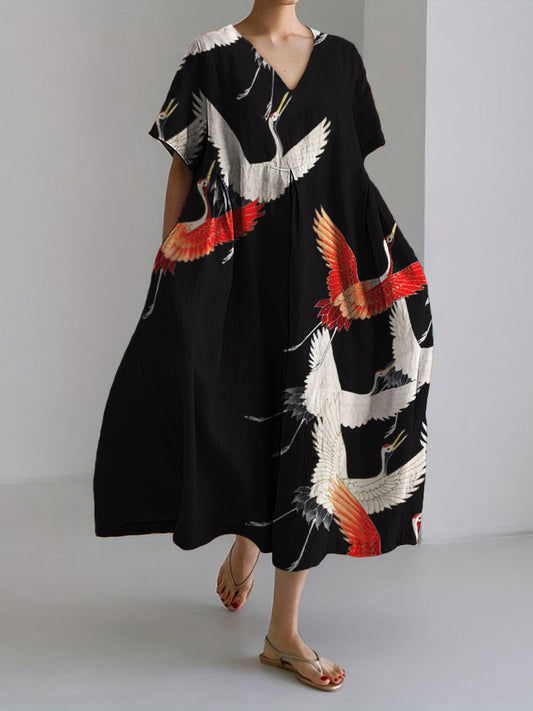 Classy Cranes Japanese Art Linen Blend Maxi Dress