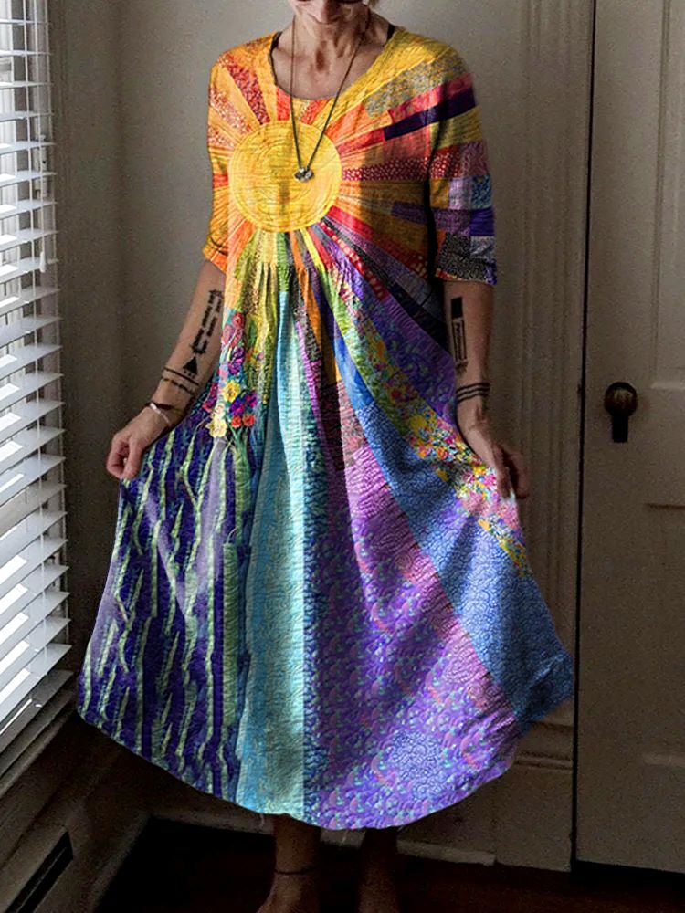 Women's Colorful Sun Patchwork Pattern Art Print Pocket Cotton Dresses