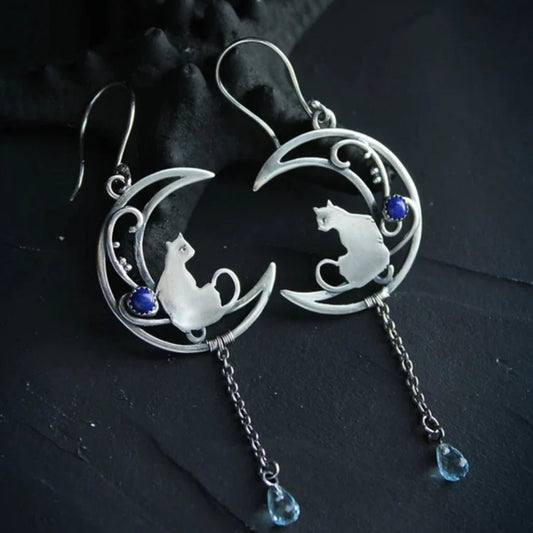 Blue Zirconia Cat Boho Earrings In Sterling Silver