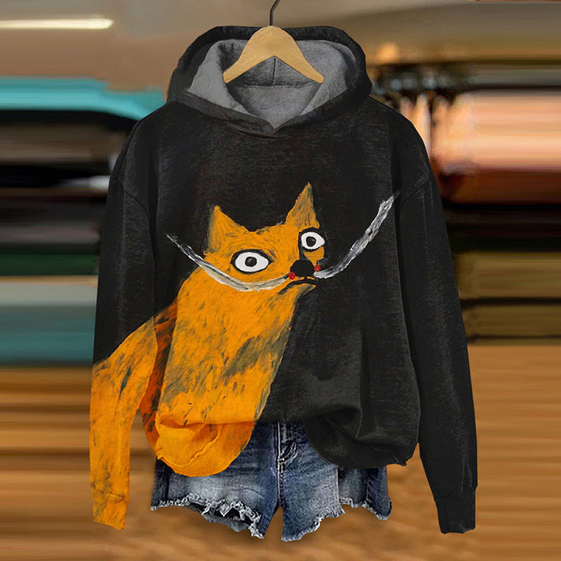 Cute Cat Art Print Casual Hoodie elevenforest