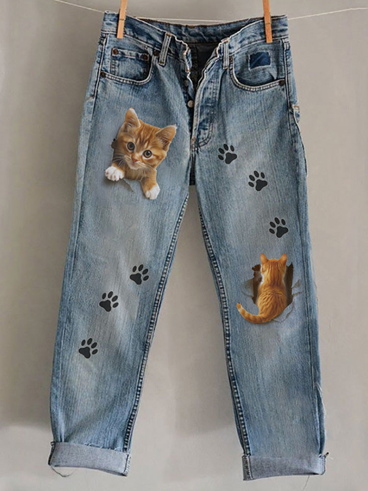 Funny Animal Embroidered Print Jeans elevenforest