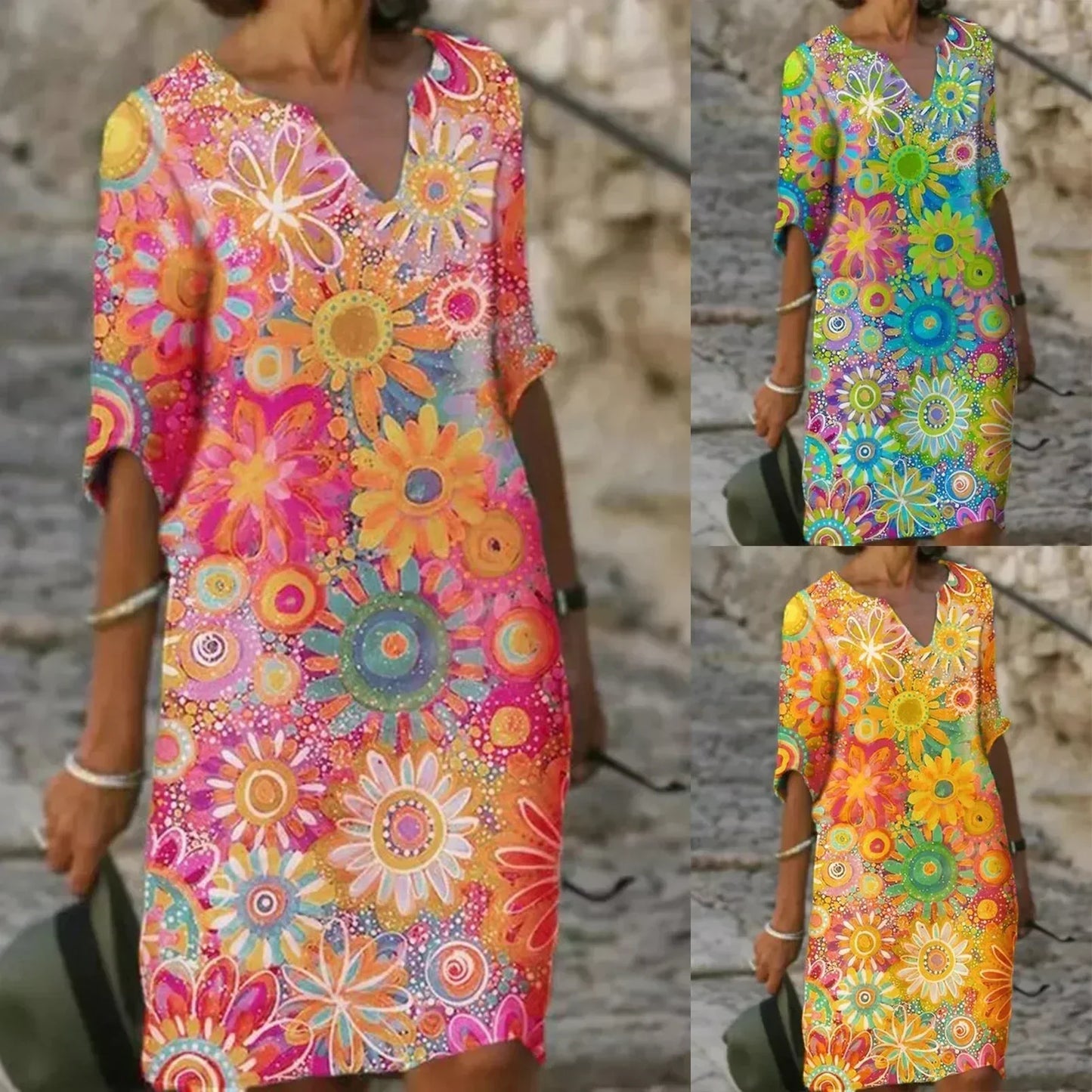 LD | Midi-jurk met V-hals en bloemenpatroon