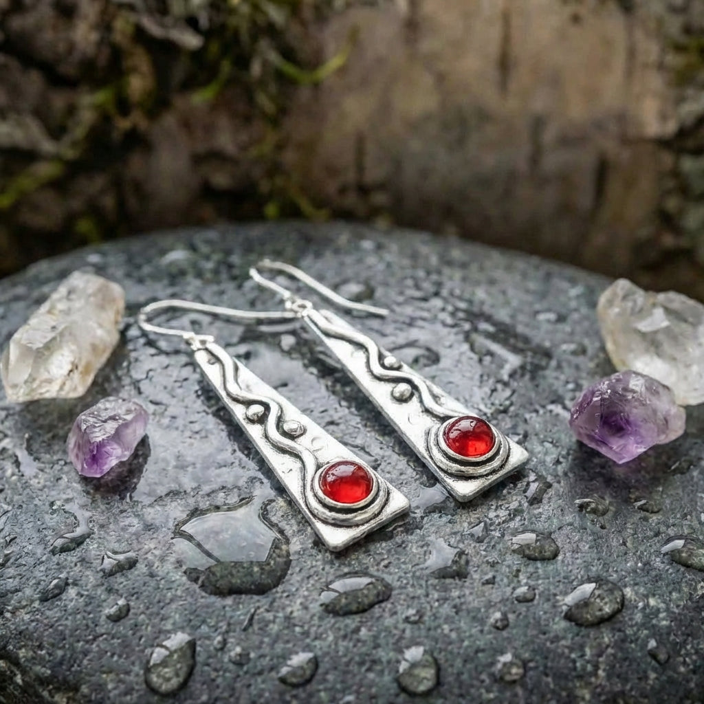 Artisan Silver Geometric Red Stone Earrings