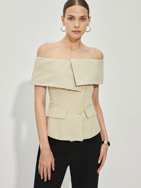 LD geruite blazer met patroon en blote schouder