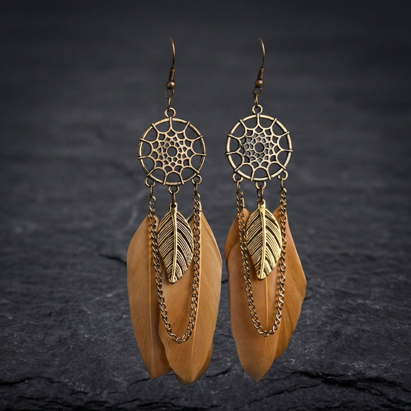 Bohemian Dream Catcher Feather Long Earrings