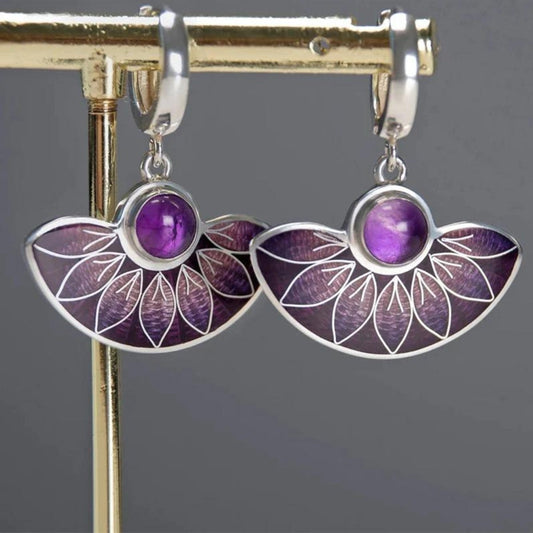 Purple Boho Mandala Earrings In Silver