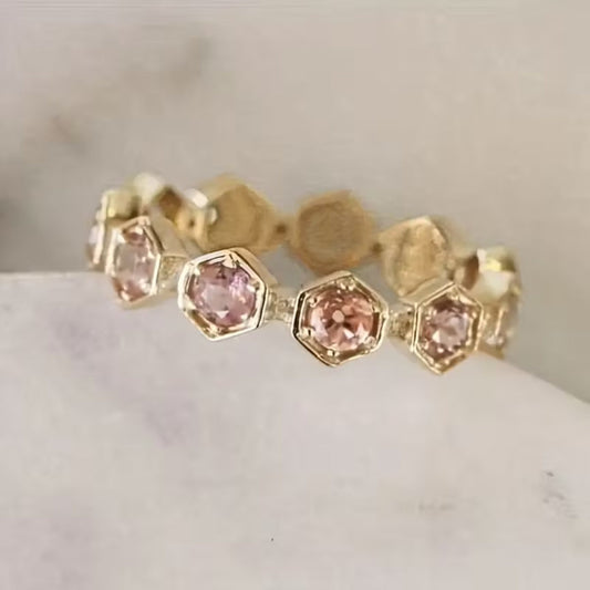 Pink Inlaid Crystalline Fine Gold Ring