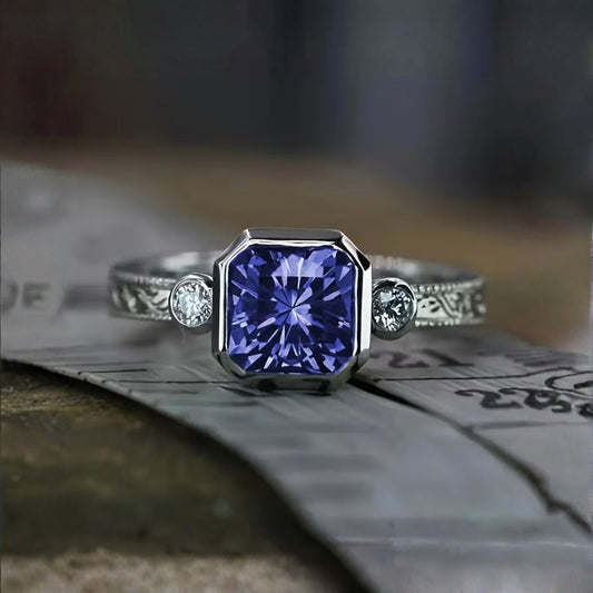 Blue Cubic Glass Silver Ring