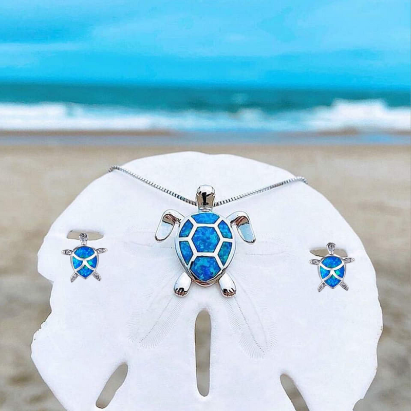 Sea Turtle Necklace + Earrings Set In Opal And Silver | Sustainable Ocean-Inspired Jewelry