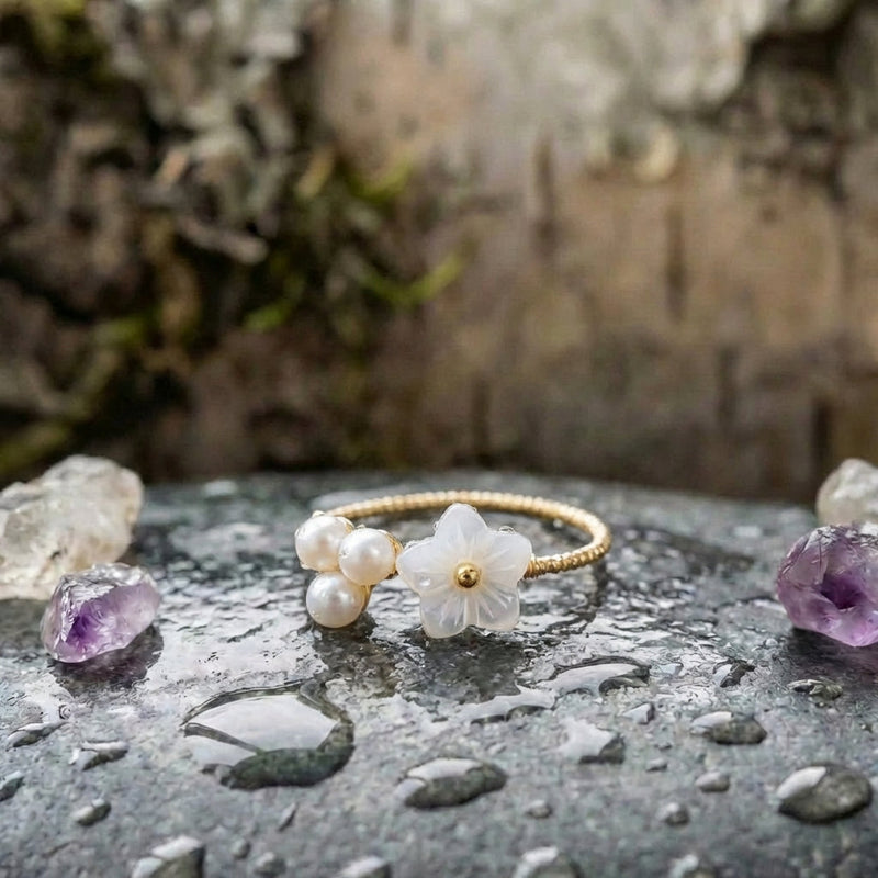 An Elegant Adjustable Gold Wire Wrap Pearl & Flower Ring