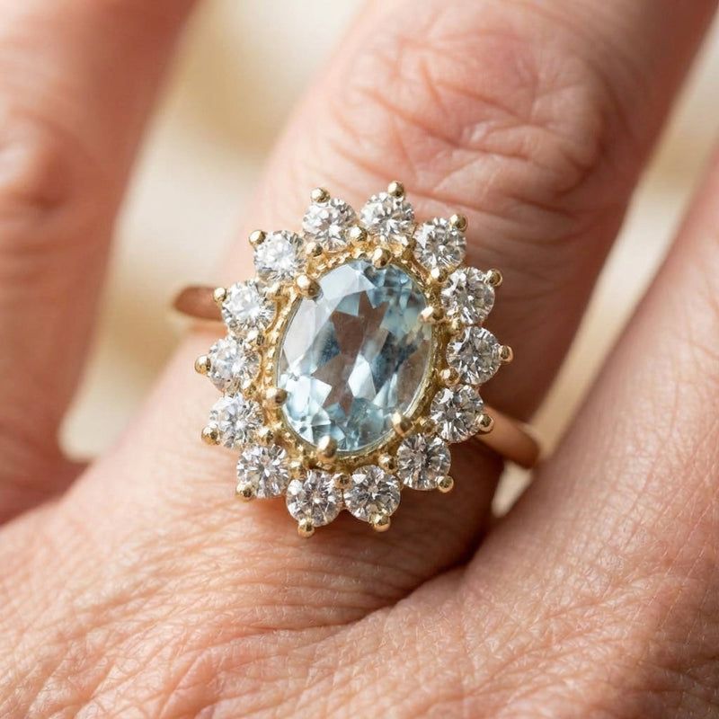 Aquamarine Halo Ring
