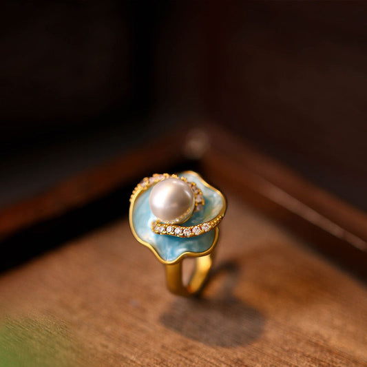 Elegant Blue Floral Pearl Gold Ring