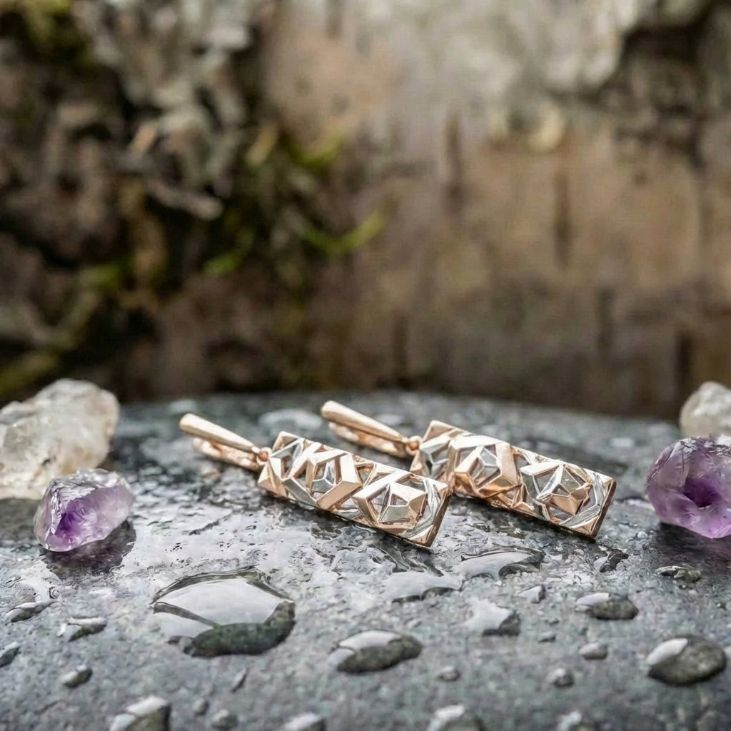 Elegant Rectangular Gold And Silver Earrings