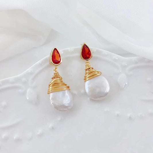 Elegant Ruby Pearl Earrings