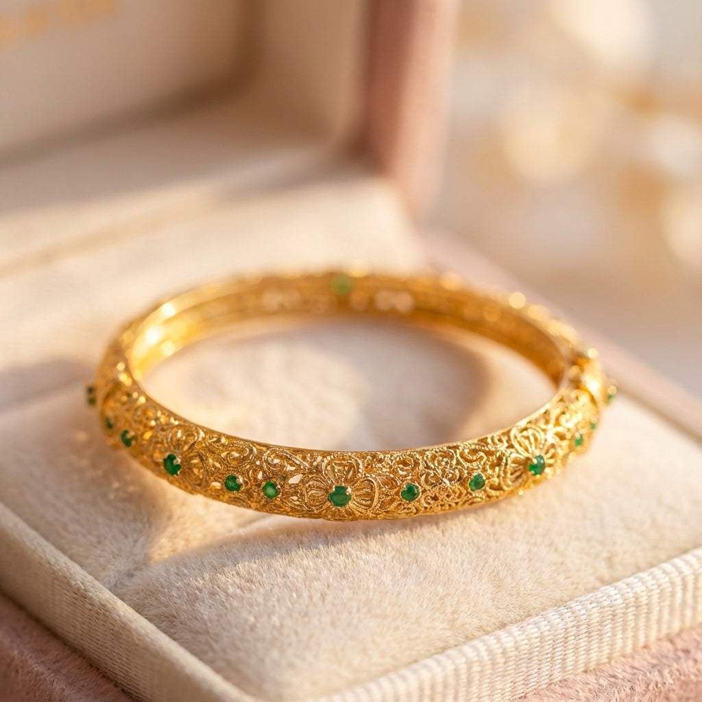Ethnic Style Gold Green Gemstone & Floral Pattern Bangle Bracelet