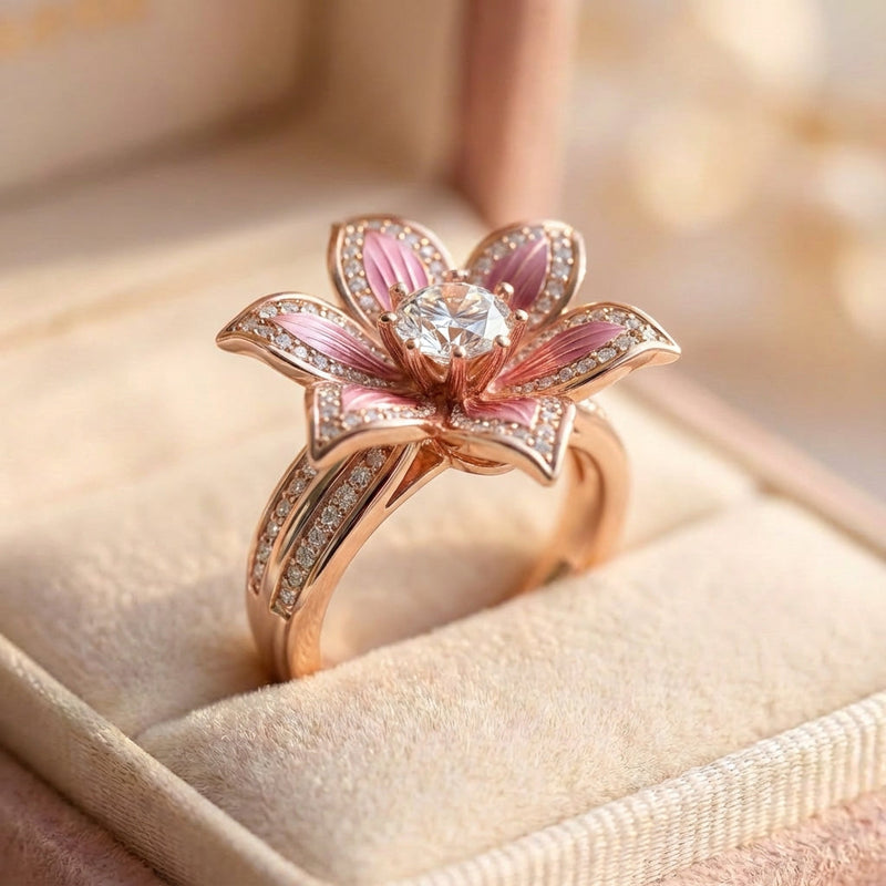 Exotic Pink Lotus Crystal Ring