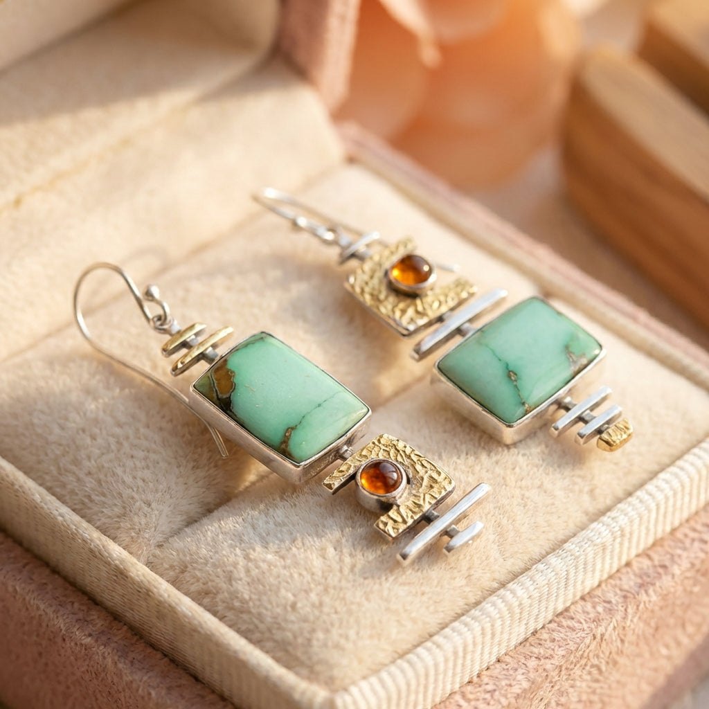 Vintage Geometric Green Stone Earrings