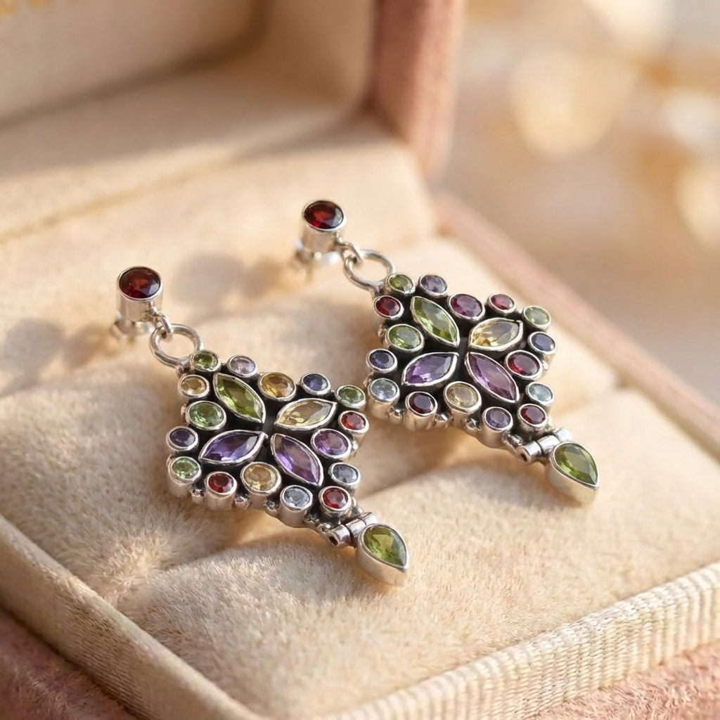Vintage Gemstone Flower Earrings