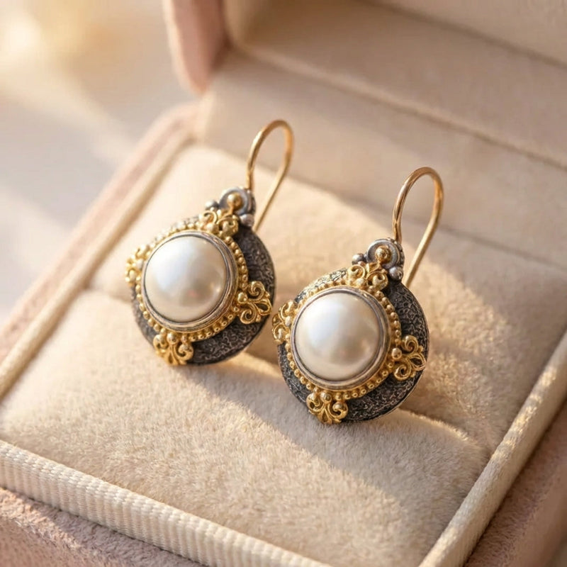 Vintage Inlaid Golden Pearl Earrings